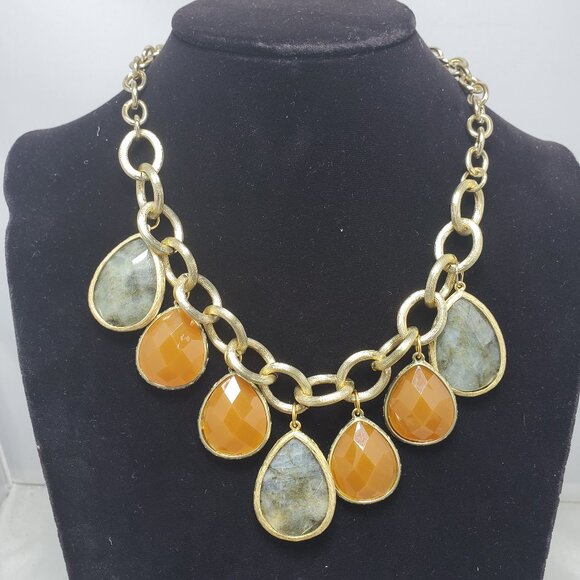 Bijou gold chain with teardrop stones orange and translucent blue - Picture 2 of 8